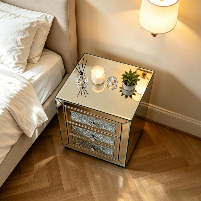3 Drawer Nightstand With Glass Accents, Bedside Table For Bedroom - Silver