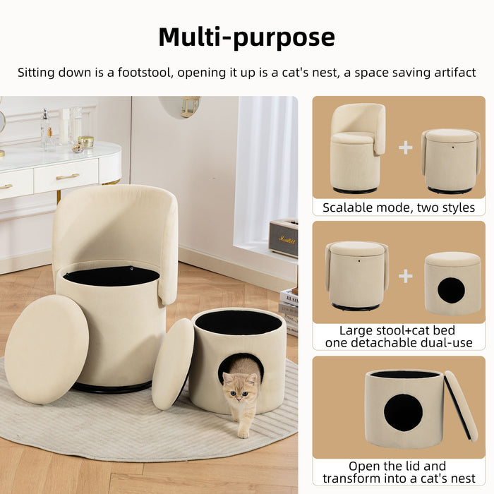 Barrel Chair, Built In Storage, 360° Swivel - Beige