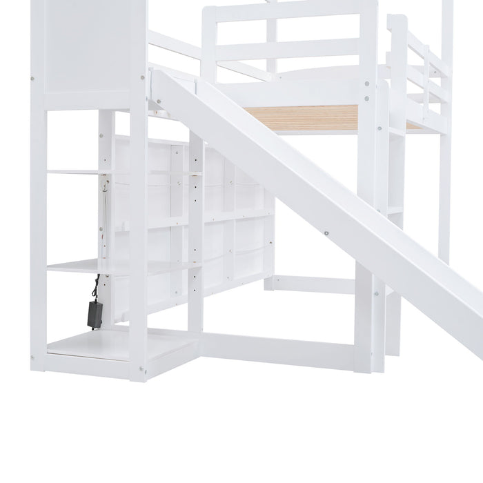 House Loft Bed With Slide, Storage Shelves And Light, Climbing Ramp