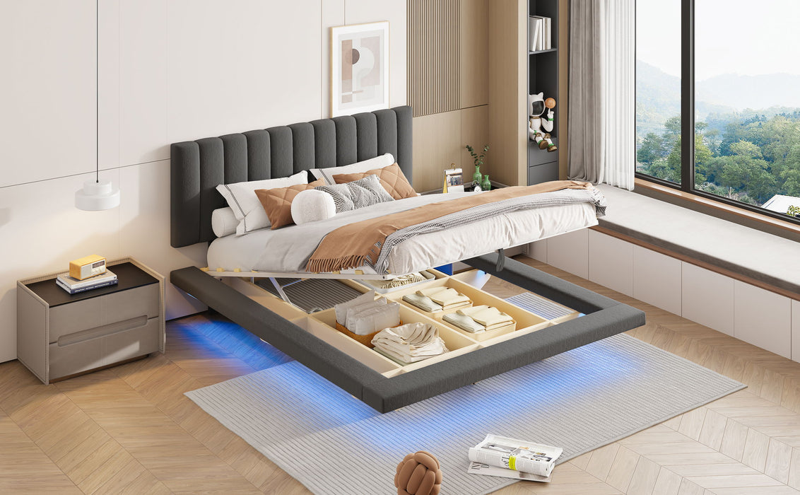 Upholstered Floating Hydrualic Platform Bed With LED Light And USB Port