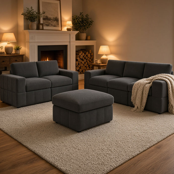 Oversized Modular Sectional Sofa Set With Loveseat & Ottoman, 6 Piece Living Room Furniture - Dark Gray
