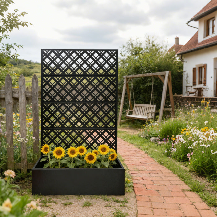 Rhombus Planter Raised Garden Bed With Trellis For Climbing Plants - Black