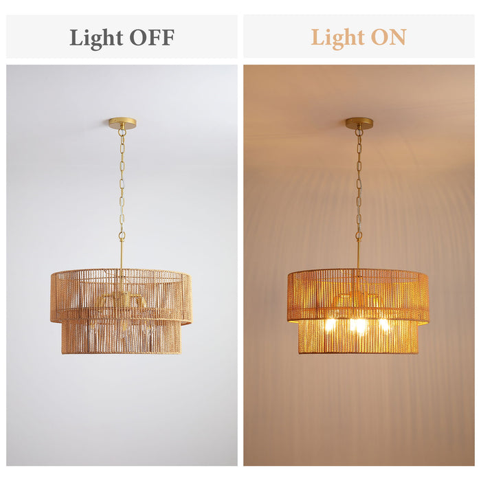Chandelier, 2 Tier Boho Wabi Sabi Pendant Light, Hanging Ceiling Lamp - Gold