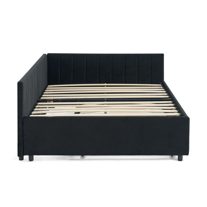 Full Size Upholstered Daybed With Trundle, Tufted Backrest And Armrests - Black