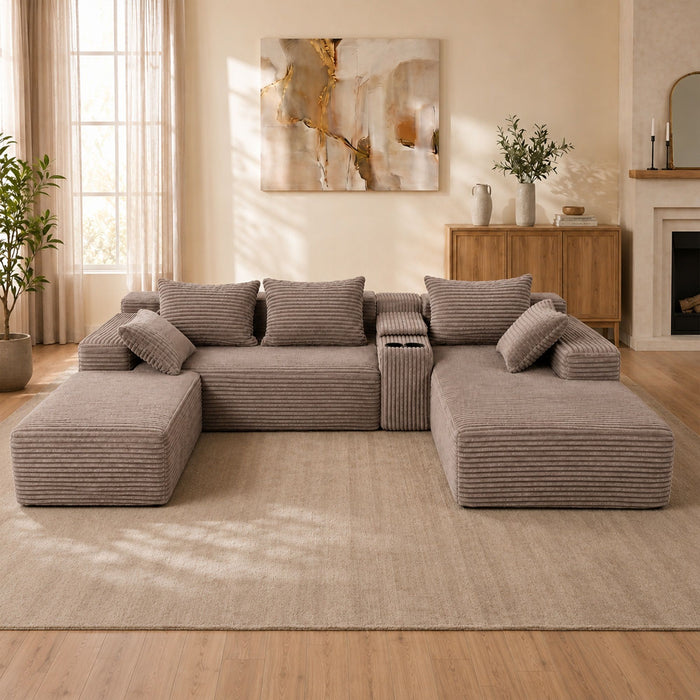 U-Shaped Modular Sofa With Cup Holders And Storage For Living Rooms - Coffee