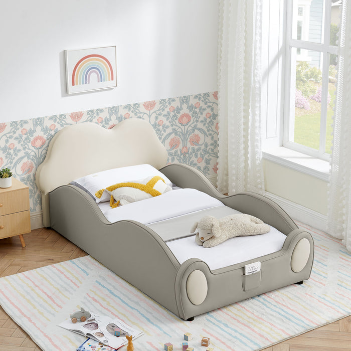 Cute Cloud Shape Bed With Guardrails Cartoon Design, Storage Pocket