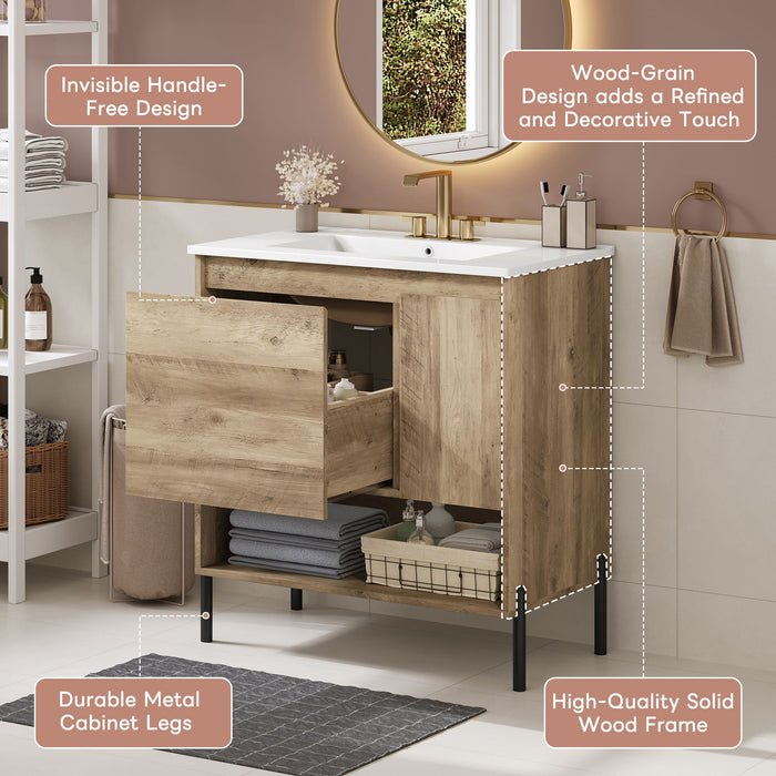 Bathroom Vanity Cabinet With Sink, Sliding Drawer, Soft Closing Door, Open Shelf - Natural Wood