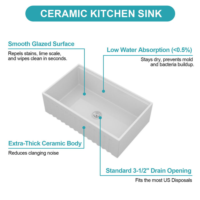Porcelain Ceramic Farmhouse Sink Workstation With Reversible Apron Design - Single Bowl