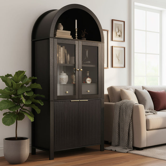 Fluted Tall Arched Pantry Cabinet With Adjustable Shelves, Glass Door & Hidden Drawer For Kitchen