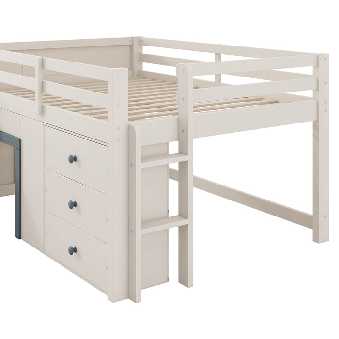 Modern Low Loft Bed With Slide, 3 Storage Drawers, And 2 Doors