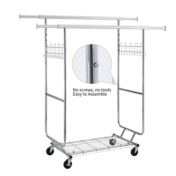 Heavy Duty Double Clothing Garment Rack With Shelves - Silver