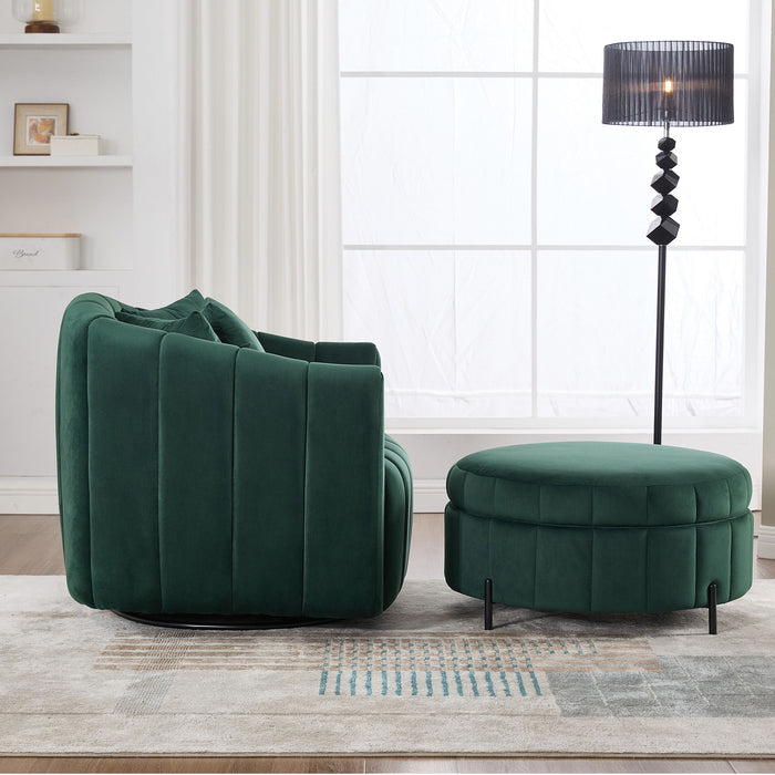 Oversized Velvet Swivel Barrel Accent Chair And Ottoman Set With Storage