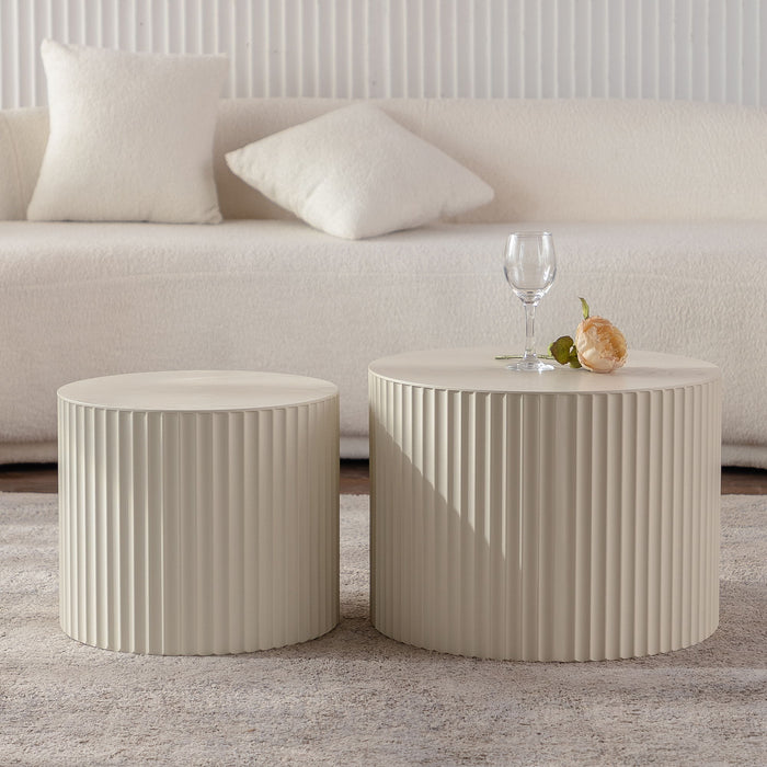Drum Nesting Coffee Table With Wave Stripe Design For Living Room (Set of 2) - Beige / White