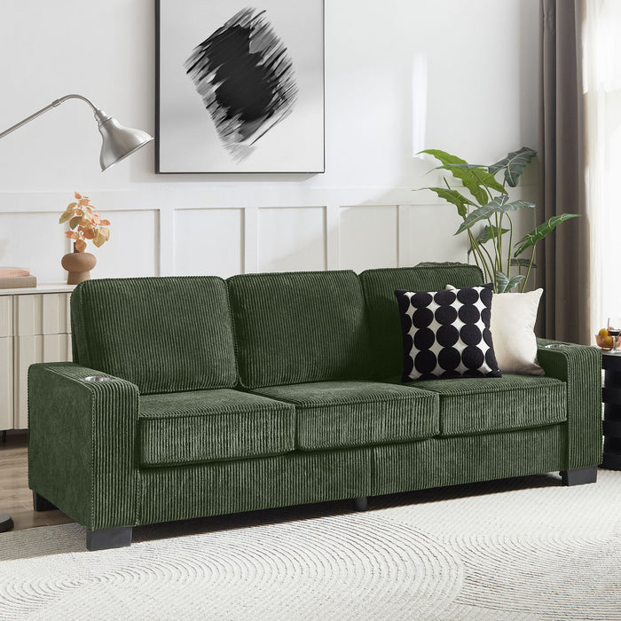 Modern Corduroy Fabric Sofa, 3 Seater Compressed Couch With Cup Holders