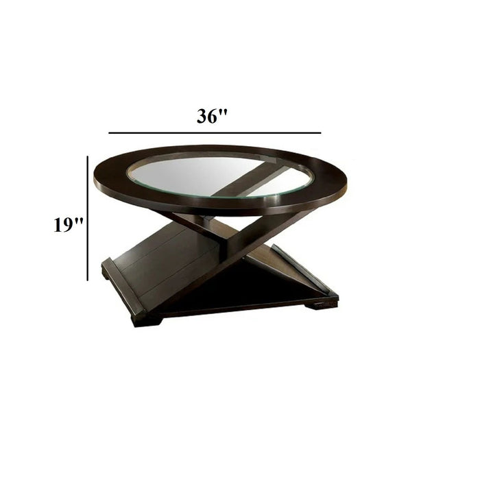 Coffee Table With Cross Design Base, Beveled Glass Top - Espresso