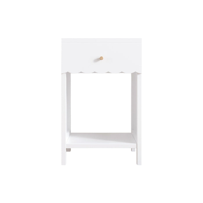 Nightstand With Drawer And Open Shelf, Scalloped Edge Bedside Table