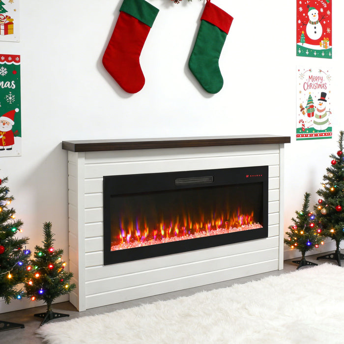 65" Electric Fireplace With Wall Mantel, 50" Fireplace Insert Heater, Remote Control, Timer For Living Room - Antique White