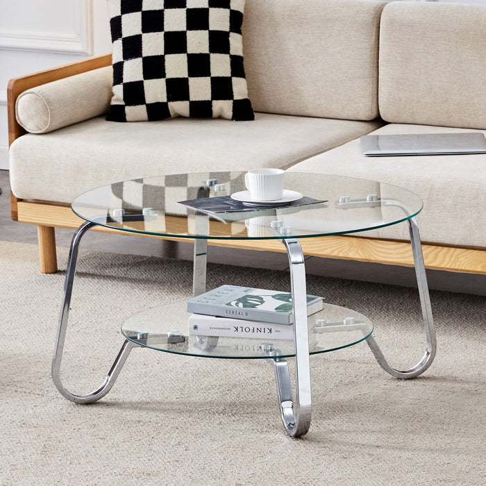 Retro Minimalist Style Metal Frame Double Layer Tempered Glass Coffee Table