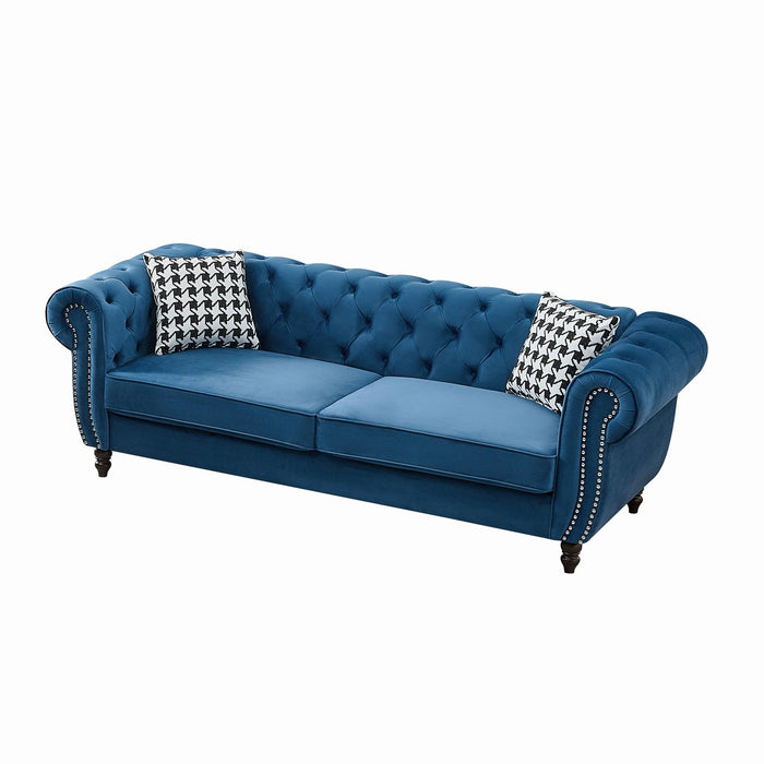 Mid Century Chesterfield Velvet Fabric Sofa With Roll Armrest & Nailhead, Blue, 87 Inches