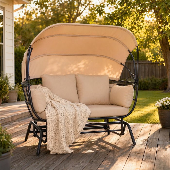 2 Person Egg Shaped Outdoor Swing Chair With Adjustable Canopy - Acacia Wood / Black / Taupe