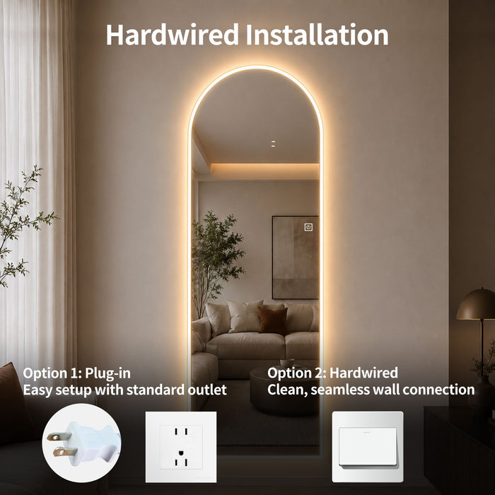 65" X 21" Arched LED Full Length Mirror, Wall Mounted Lighted Full Body Mirror With Frosted Edge Lighting, 3 Color Temperatures & Stepless Dimming - Silver