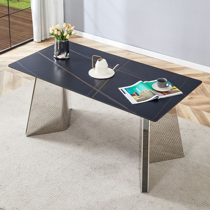 Modern Marble Patterned Dining Table With Stainless Steel Butterfly Legs, Scratch And Heat Resistant - Black / Silver