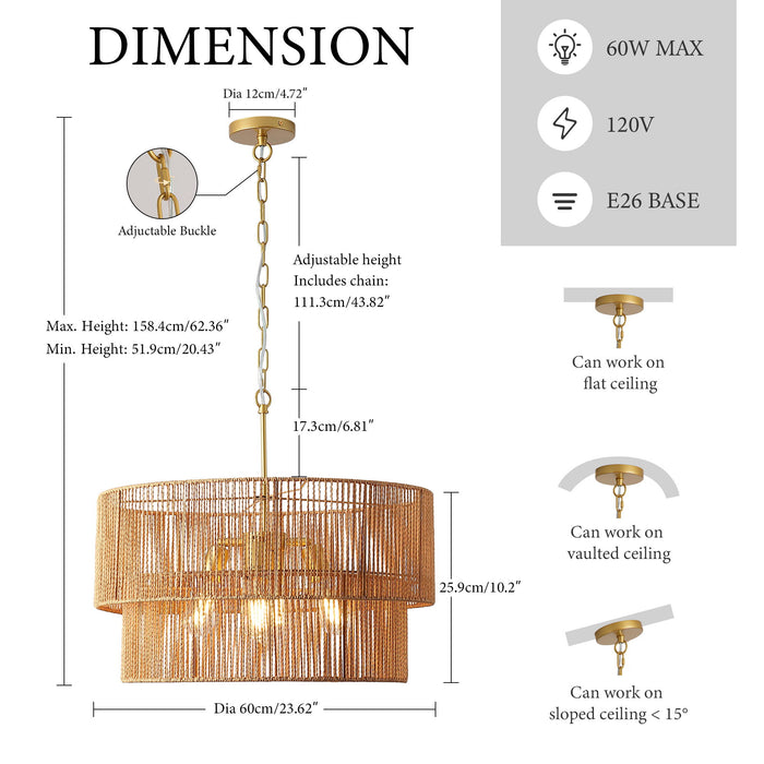 Chandelier, 2 Tier Boho Wabi Sabi Pendant Light, Hanging Ceiling Lamp - Gold