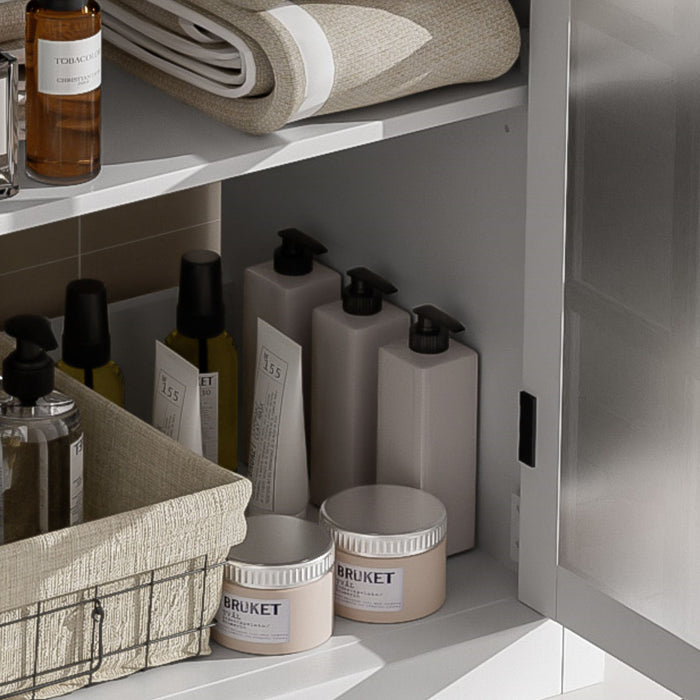 Modern Bathroom Vanity With Ceramic Sink, Tempered Blurred Glass Doors