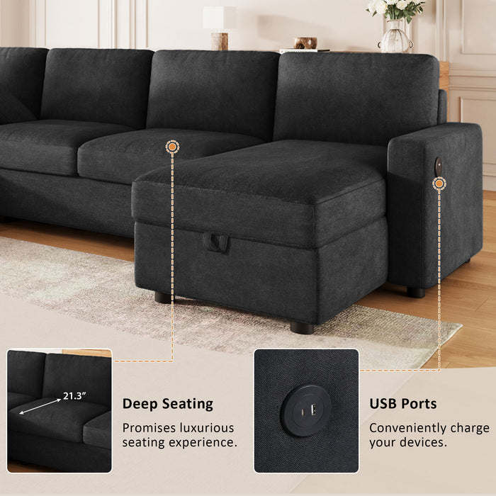 Convertible Sectional Sofa With Storage Chaise Lounges And USB Ports