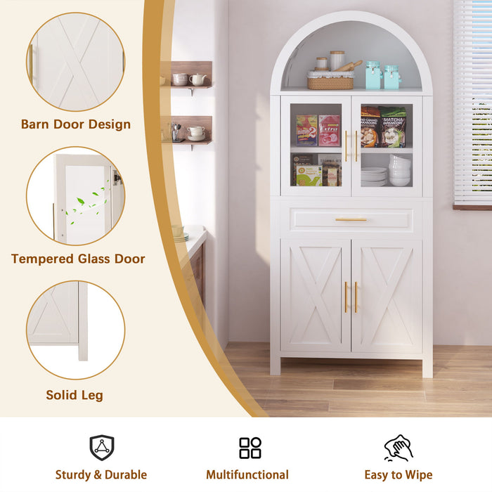 Arched Kitchen Pantry Cabinet With Adjustable Shelves & Barn Door Design