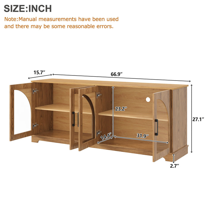 TV Stand With Semi Arched Glass Doors, Media Console With Adjustable Shelves For Living Room - Brown