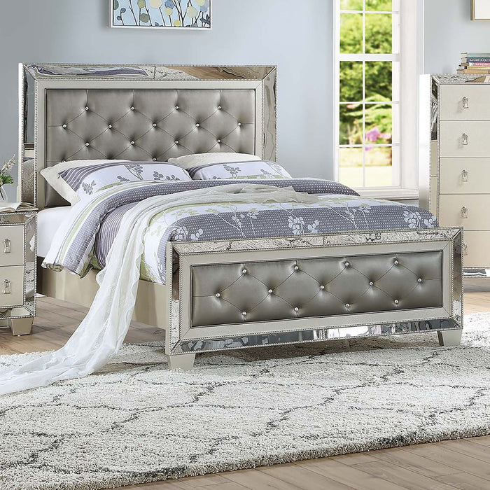 Glamorous Tufted Headboard Bed With Mirror Trim