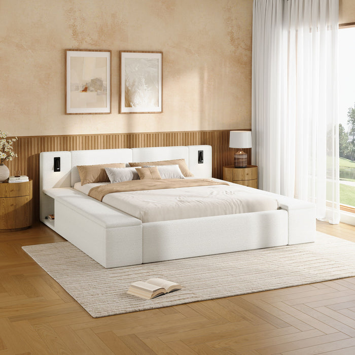 Upholstered Platform Bed Frame With Hidden Storage, Built-In Nightstands & LED Reading Lights