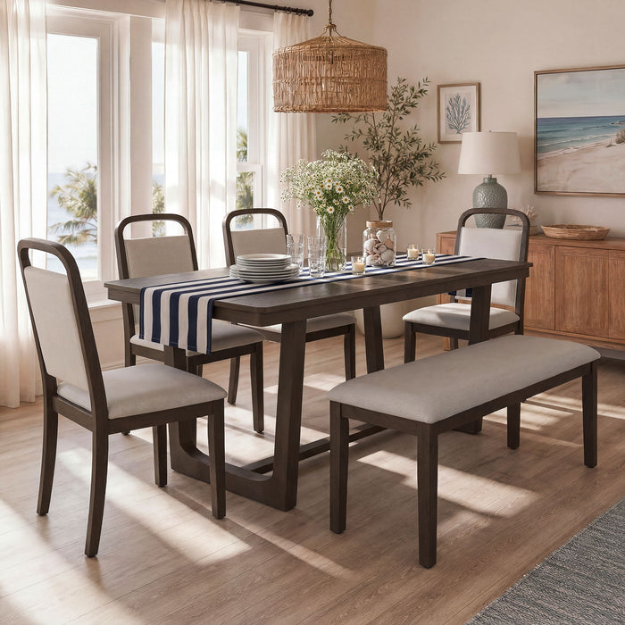 Farmhouse Dining Set With 4 Upholstered Chairs & 1 Bench