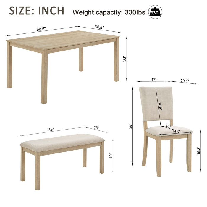6 Piece Dining Table Set With Bench - Beige / Light Oak
