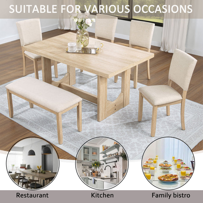 6 Piece Rectangular Kitchen Table Set With Bench And 4 Upholstered Chairs For Kitchen - Light Oak