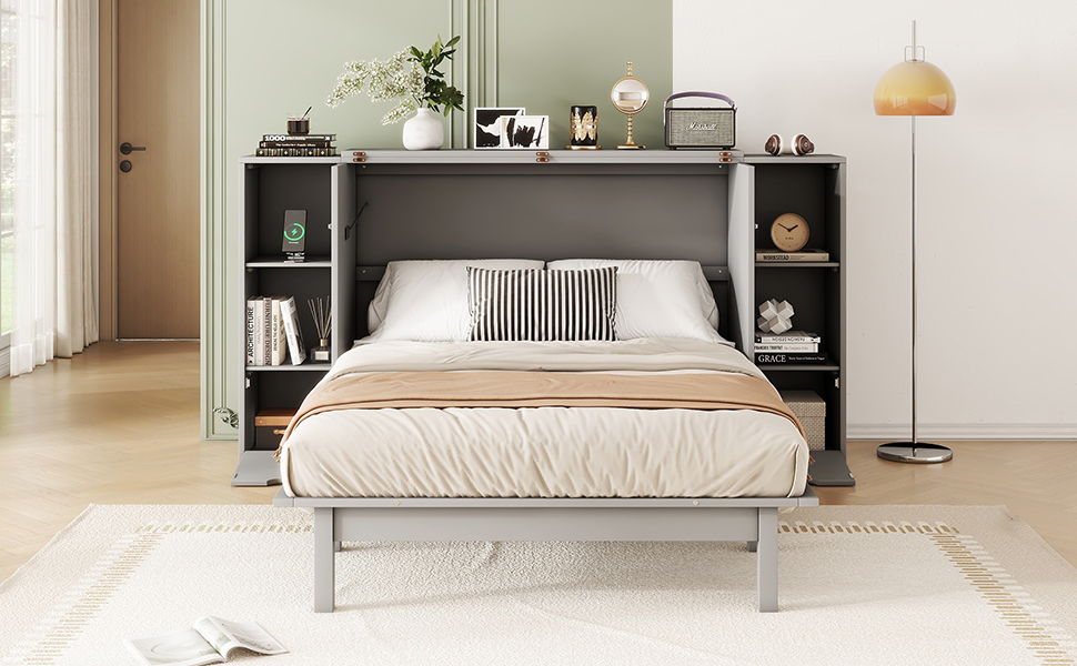 Murphy Bed With Shelves, Drawers And USB Ports