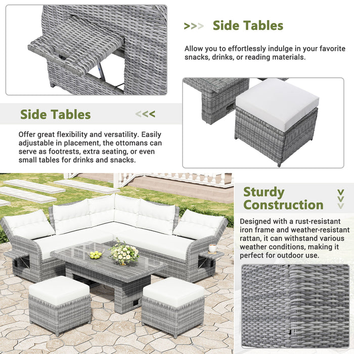 Outdoor Furniture Set Patio Rattan Furniture Set With Adjustable Table, Recliners With Extendable Side Tables And 2 Ottomans