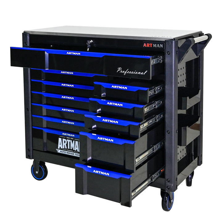 12 Layer Drawer Multi Purpose Tool Cart With Wheels And Iron Top - Black / Blue