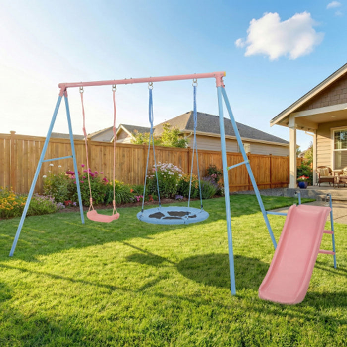 Xns107 - 2 Swing Set With Slide For Outdoor - Blue / Pink