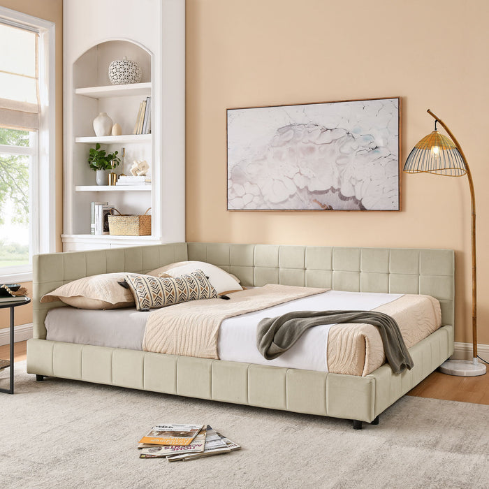 Mid-Century Storage Upholstered Tufted Bed Frame With Backrest And Armrests