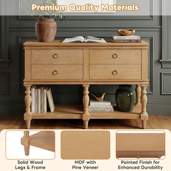 Console Table With 4 Soft Close Drawers, Thick Bottom Shelf For Living Room - Natural
