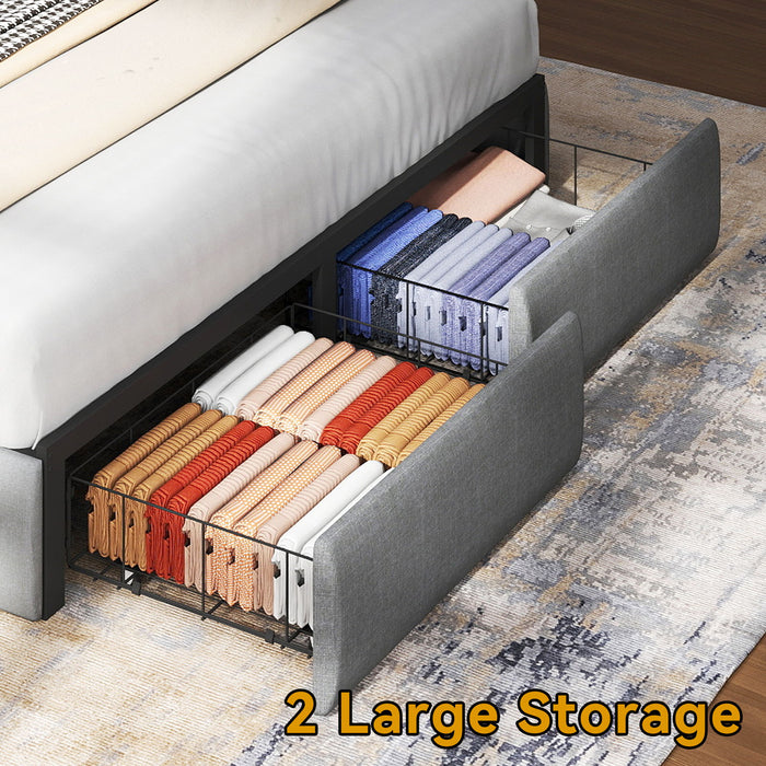 Upholstered Platform Bed Frame With RGB LED Lights, Charging Station & 2 Underbed Drawers