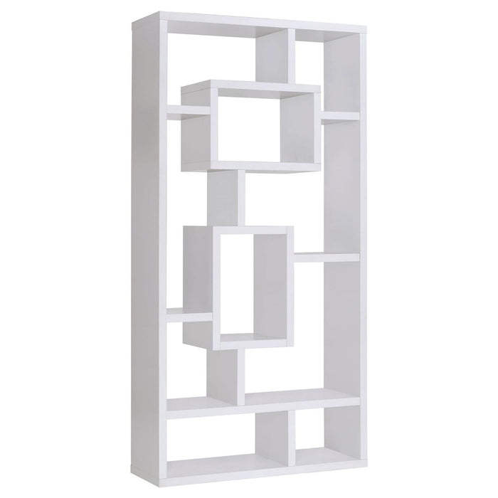 Geometric 10 Shelf Open Back Bookcase With Interlocking Shelves - White