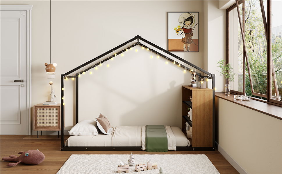 Bed House Frame With Shelves And Lights