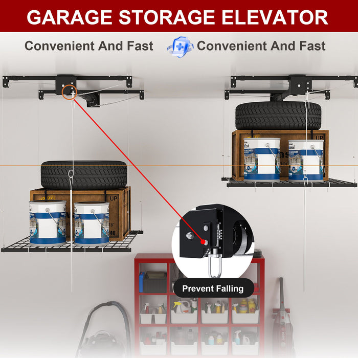 Overhead Garage Storage Rack 4 X 4 Ft For High Ceilings, With Safety Lock - Black