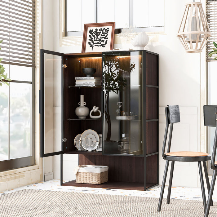Modern Minimalist Tall Lighted Display Cabinet With Tempered Glass Door - Black / Dark Walnut