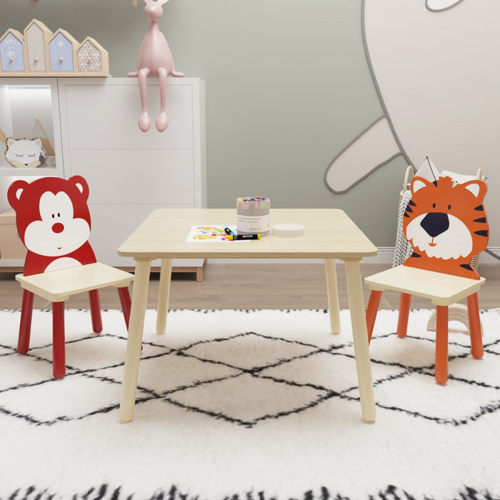Table And 2 Chairs Set, Activity Play Table Set With Bear & Tiger Design - Natural