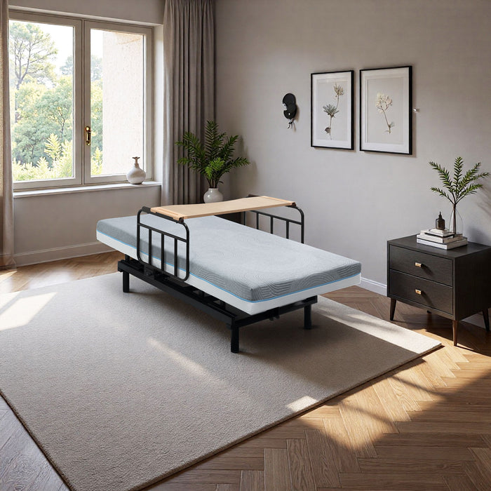 Electric Lift Bed For Seniors With Remote Control, Memory Foam Mattress, Safety Rails & Detachable Tray - Black / Gray