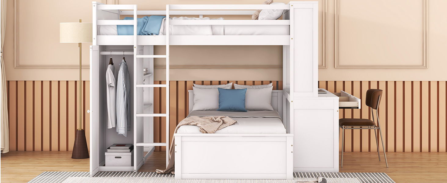 Loft Bed With A Twin Size Standalone Bed, Shelves, Desk, And Wardrobe